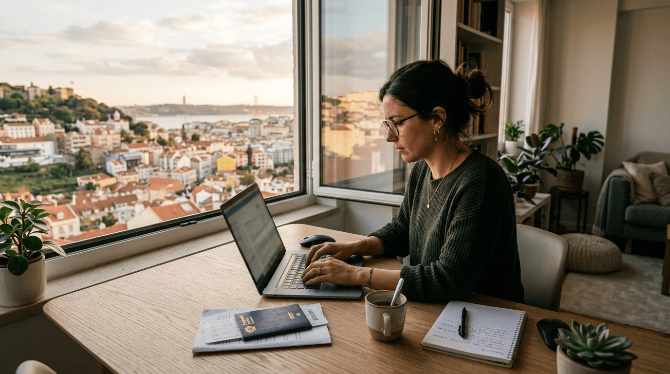 Selbstständiger arbeitet am Laptop mit Reisepass und internationalen Dokumenten auf dem Schreibtisch vor Stadtpanorama