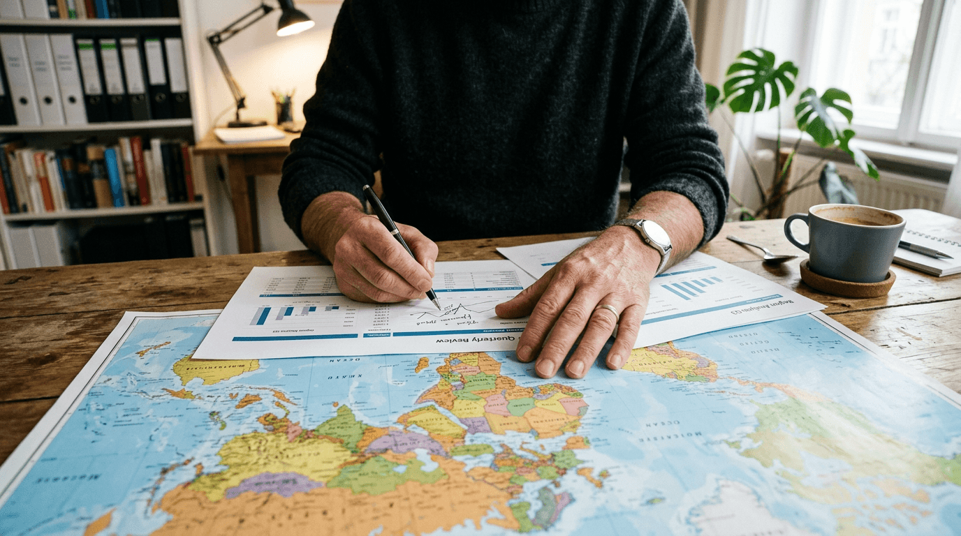 Hände prüfen Finanzdokumente und eine Weltkarte auf einem Holztisch – Symbol für internationale Unternehmensstruktur