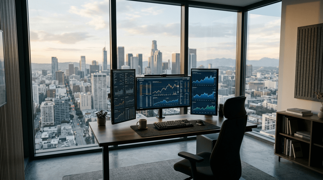 Modernes Home-Office mit mehreren Monitoren und Analytics-Dashboards, Morgenlicht fällt durch große Fenster auf einen minimalistischen Schreibtisch