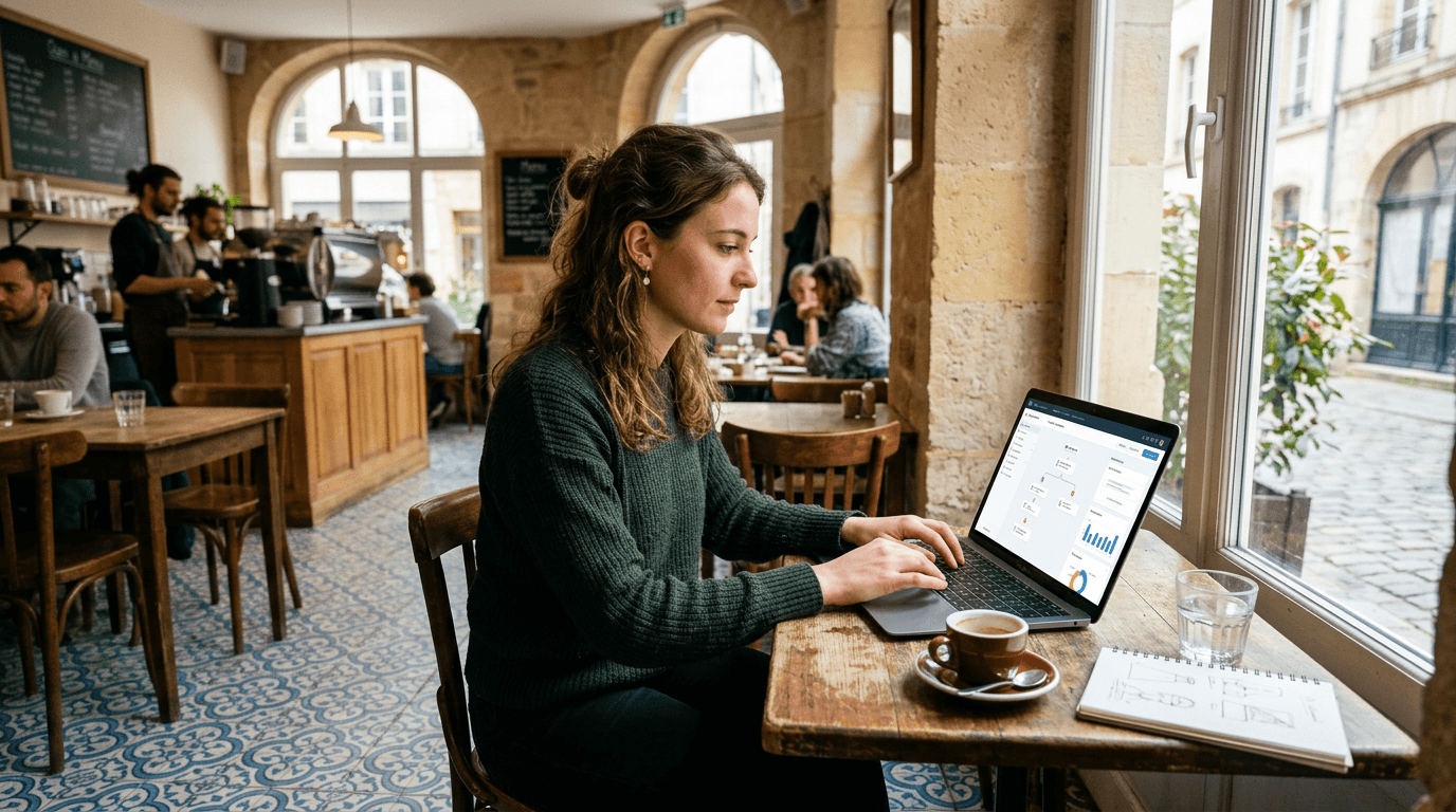 Frau arbeitet konzentriert an einem Laptop in einem europäischen Café, auf dem Bildschirm ist eine E-Mail-Automatisierungsoberfläche zu sehen