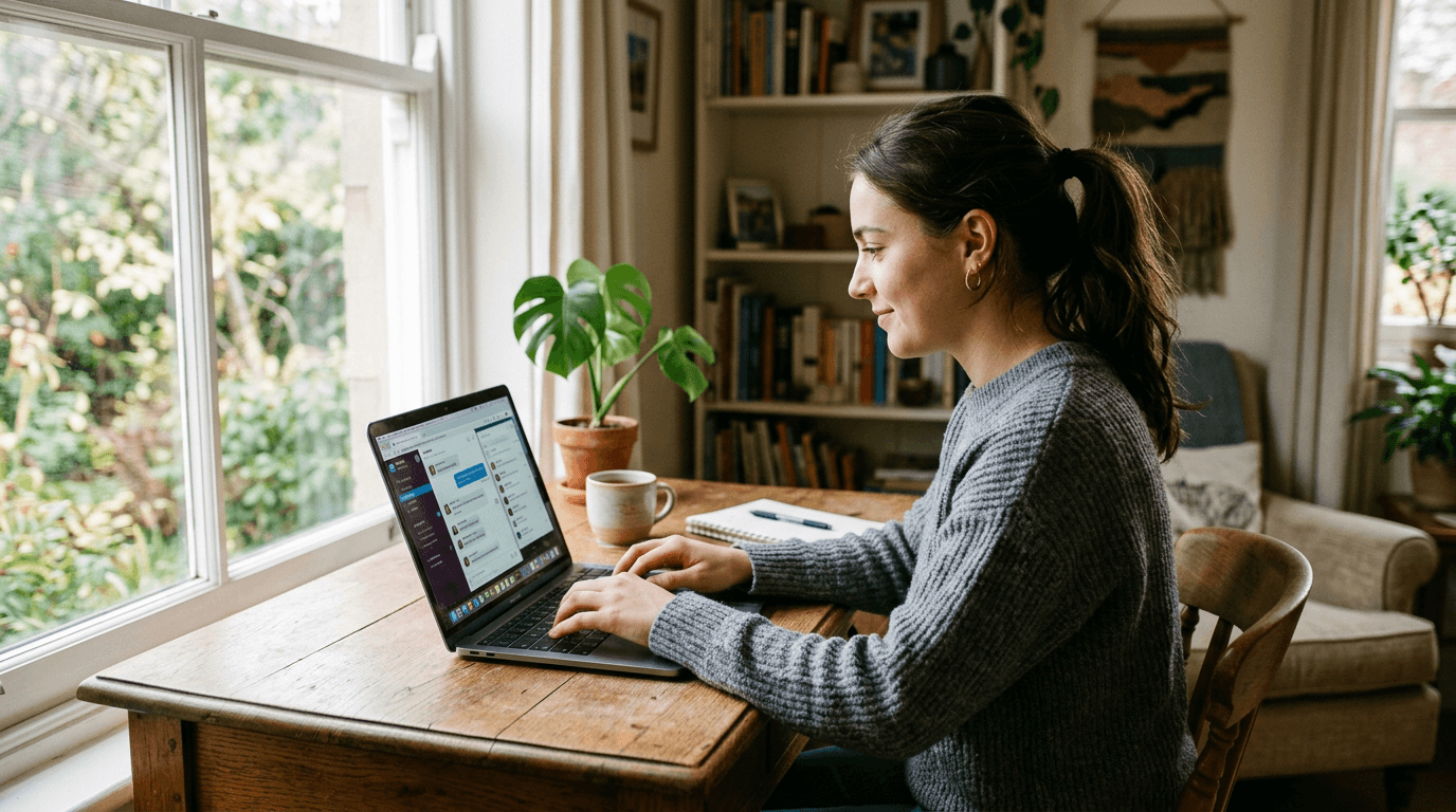 Junge Frau arbeitet als Chat-Moderatorin im Home-Office am Laptop mit geöffneten Chat-Fenstern