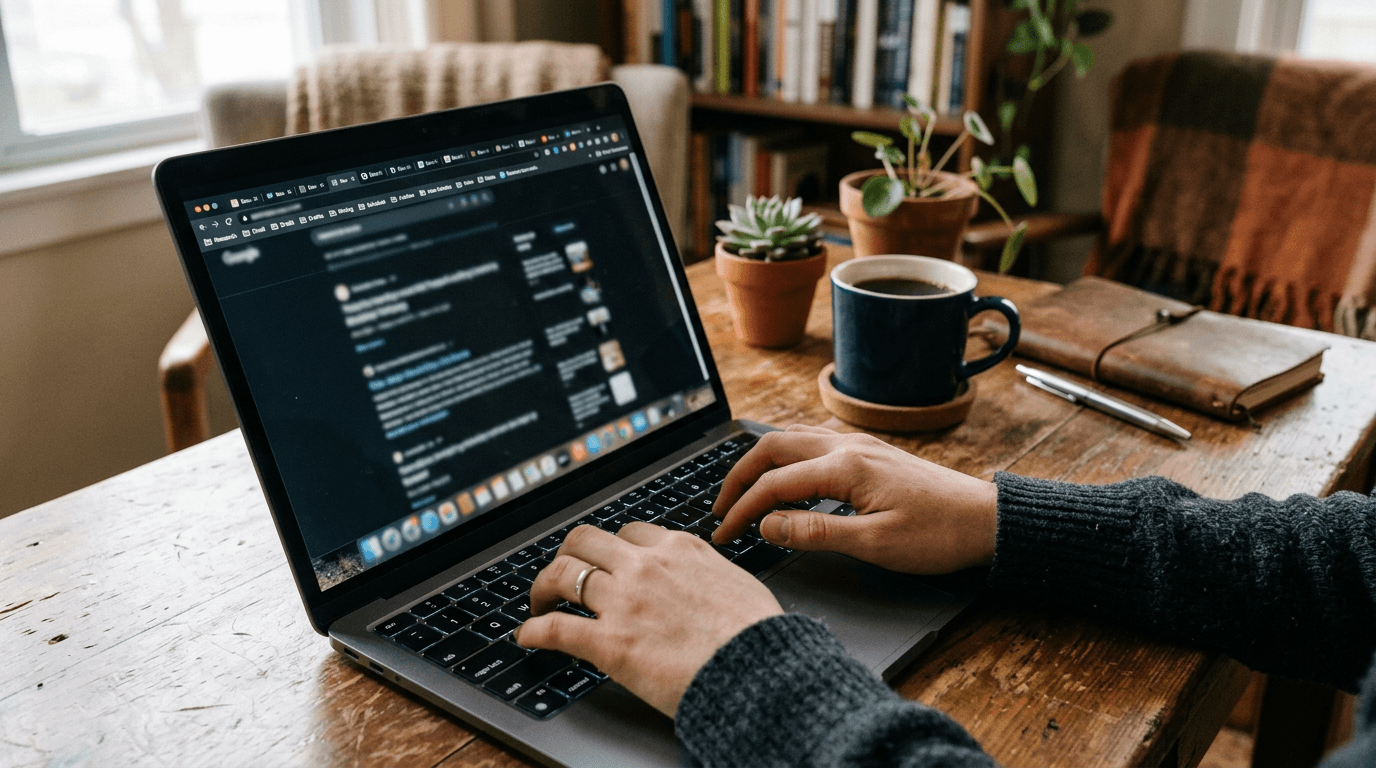 Nahaufnahme von Händen auf einer Laptop-Tastatur beim Schreiben von Chat-Nachrichten im Homeoffice