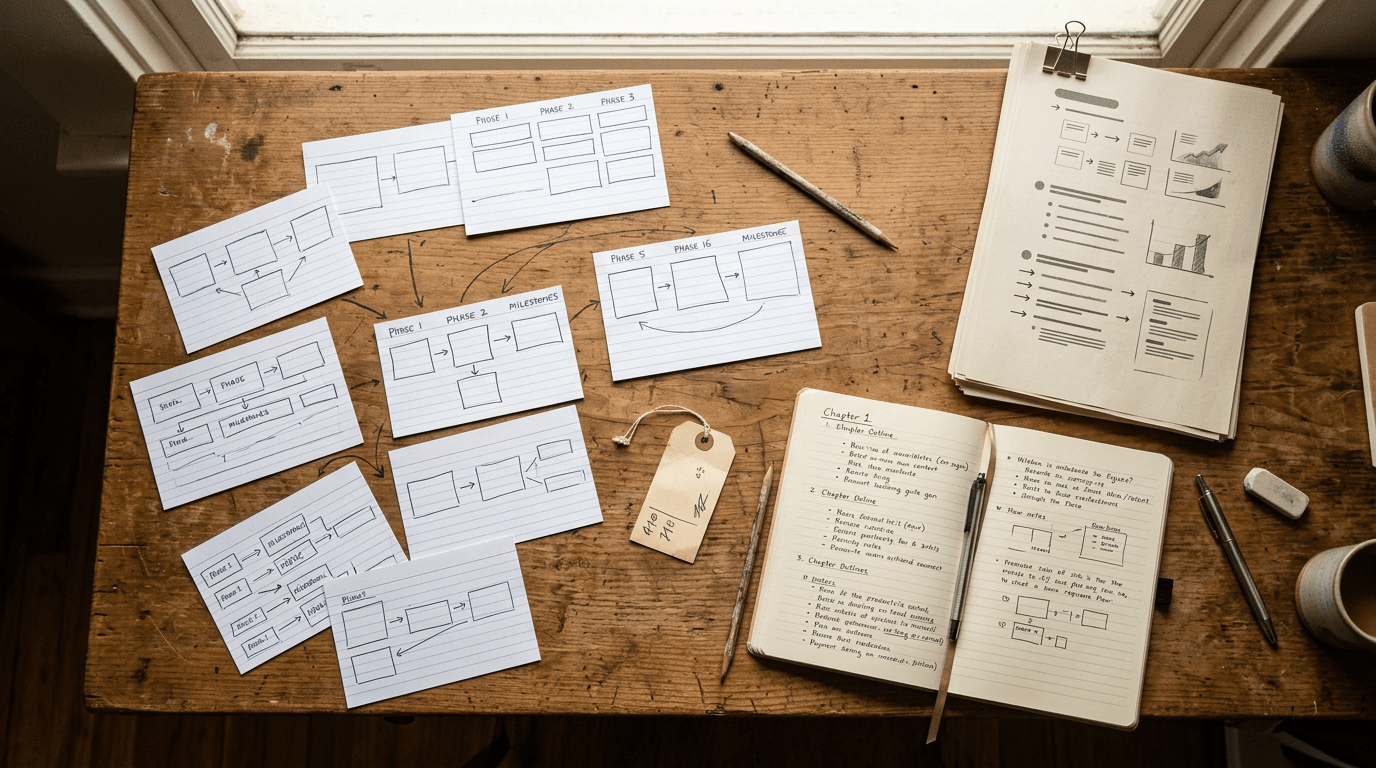 Handgeschriebene Produkt-Roadmap auf Karteikarten mit Kapitelnotizen und Preisschild auf einem Holztisch