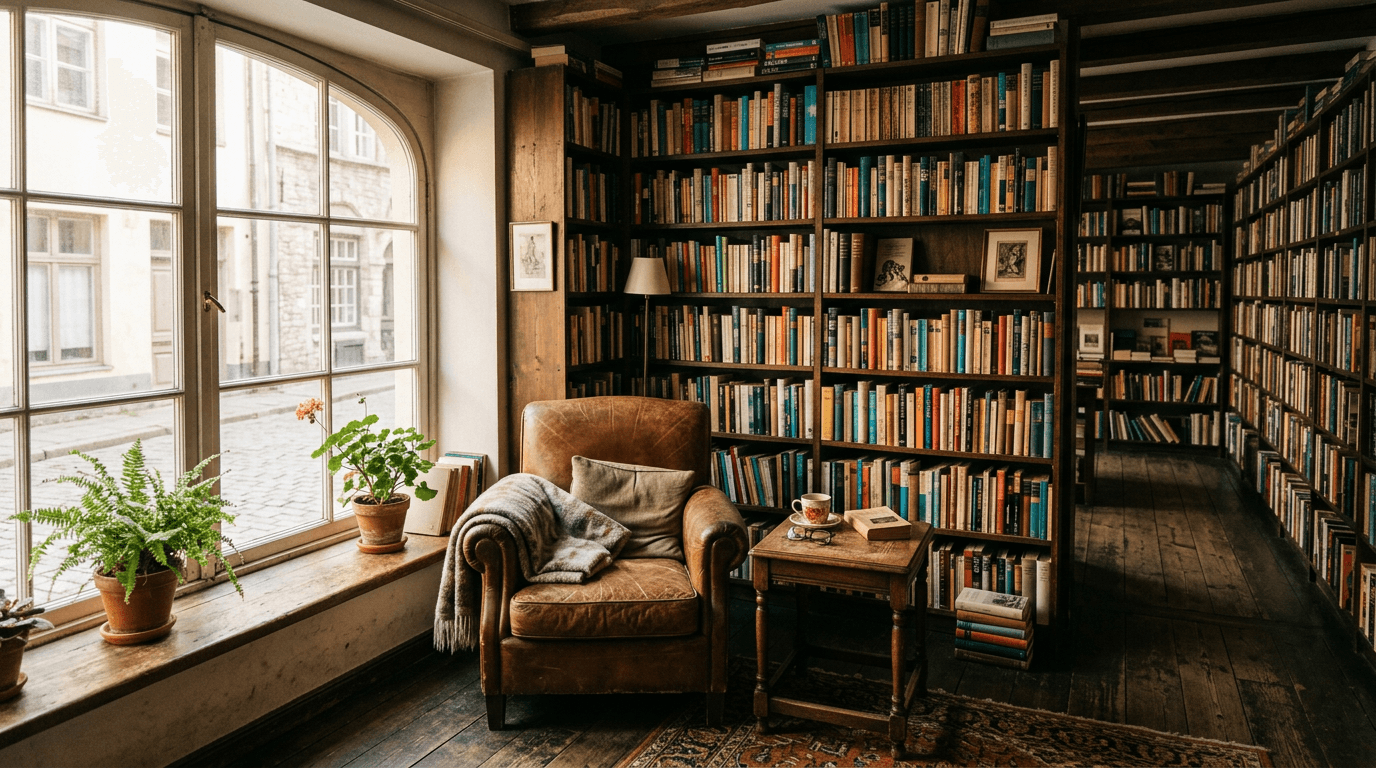 Gemütliche Buchhandlungsecke mit hohen Holzregalen und warmem Nachmittagslicht durch ein großes Fenster