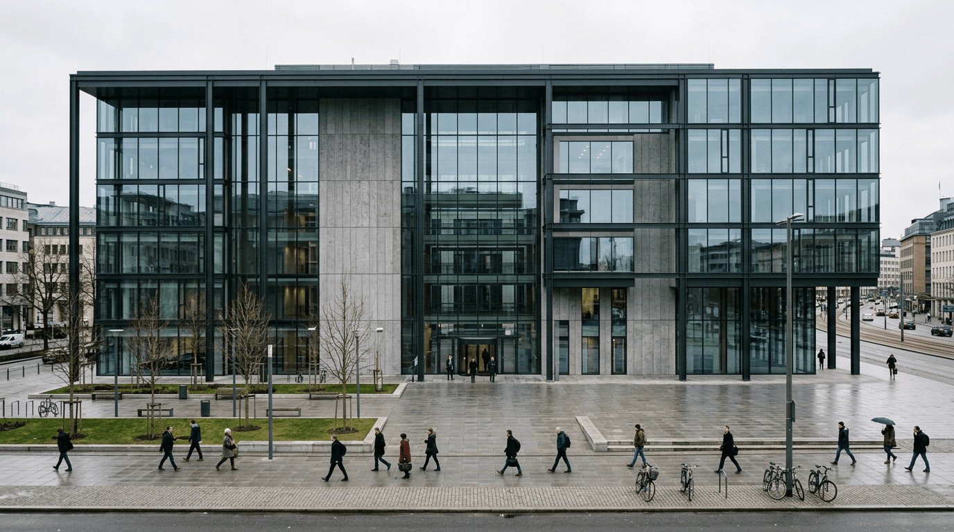 Modernes Behördengebäude mit Glasfassade von außen, vereinzelte Passanten auf dem Gehweg davor
