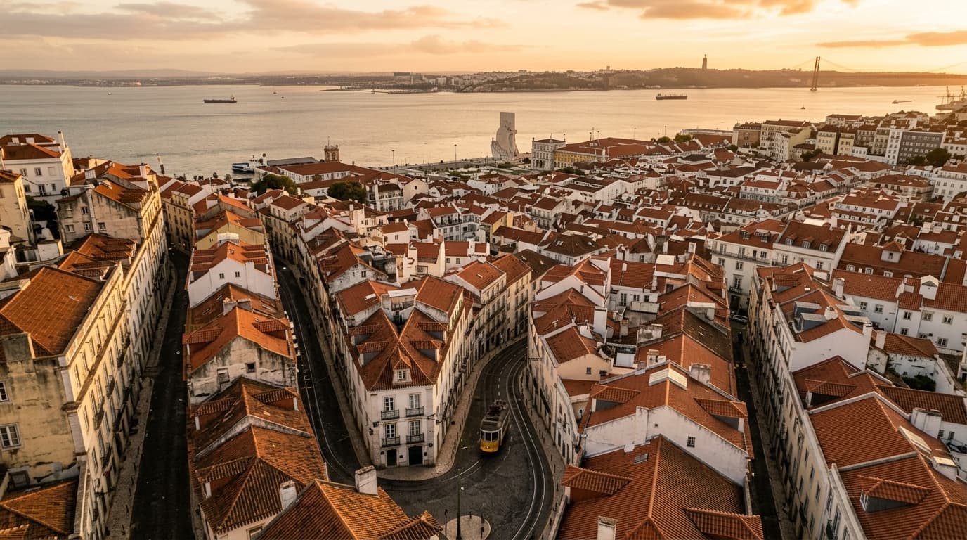Lissabon Altstadt aus der Vogelperspektive bei Sonnenuntergang mit Blick auf den Tejo
