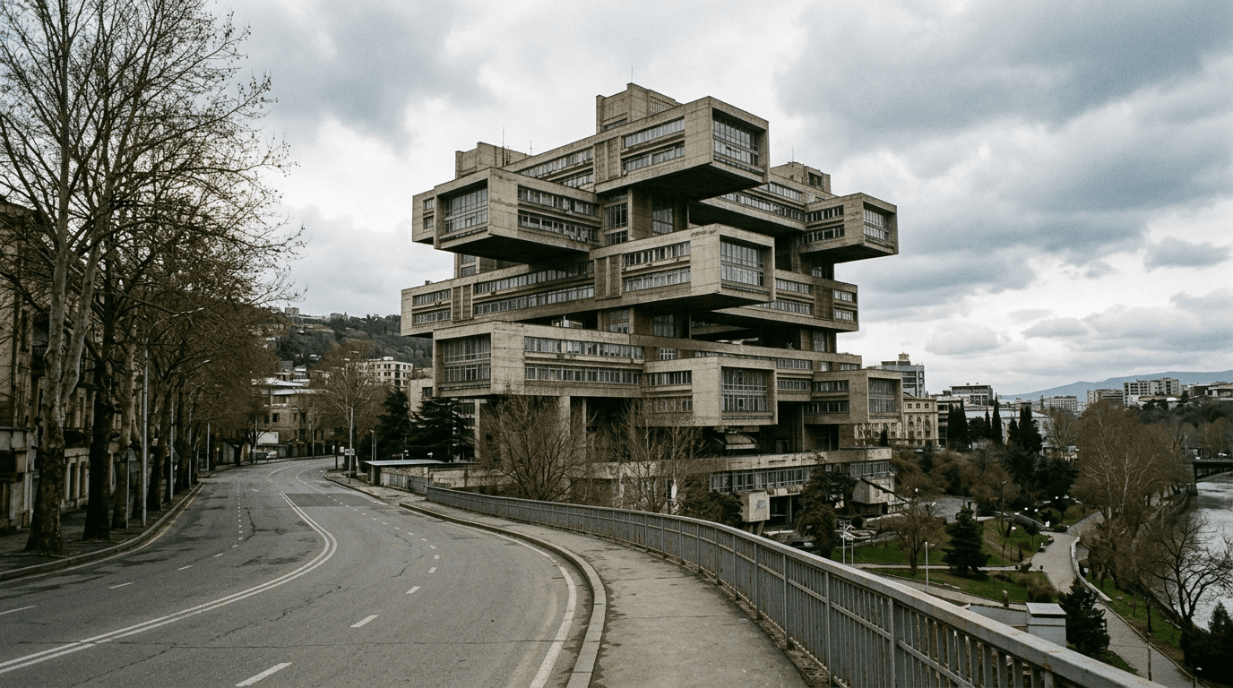 Außenansicht eines georgischen Verwaltungsgebäudes in Tiflis mit modernistischer Architektur
