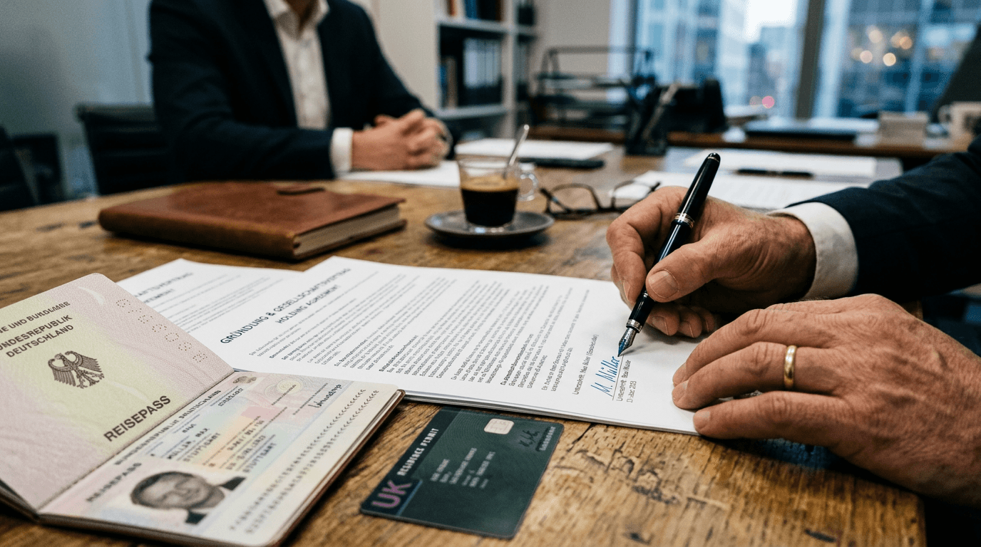 Unternehmer prüft Rechtsdokumente vor einer Glasfassade mit Blick auf eine europäische Finanzstadt