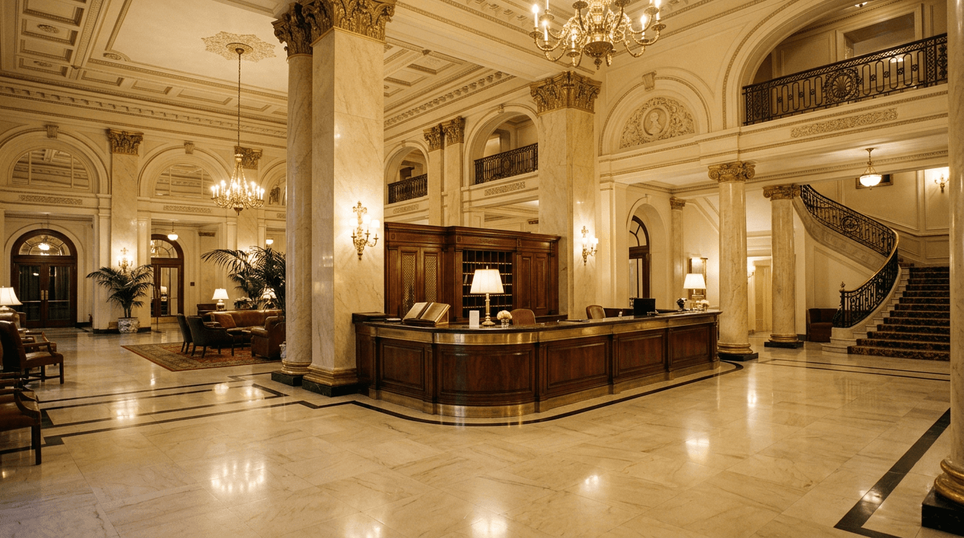 Elegante Hotellobby mit Marmorboden und beleuchtetem Rezeptionstresen aus der Totalen