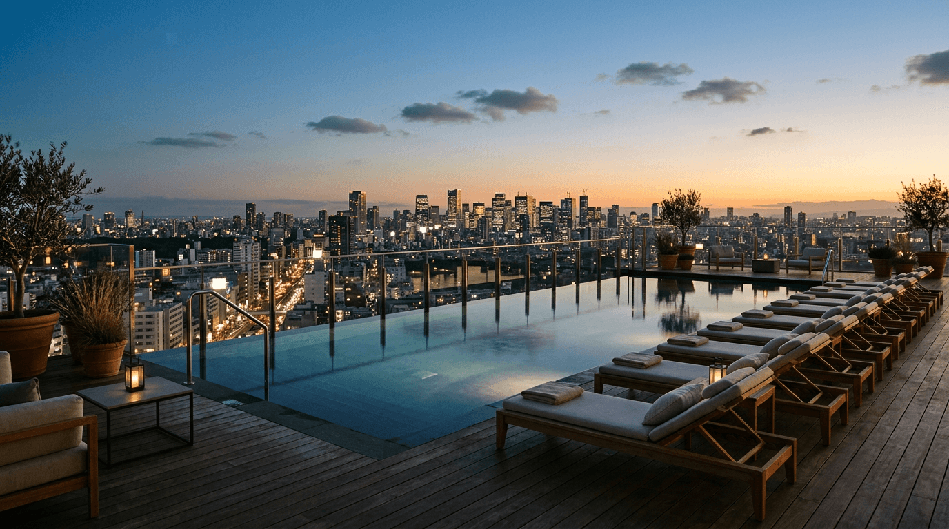 Hotelterrasse mit Infinity-Pool und Blick auf nächtliche Stadtsilhouette im Abenddämmer