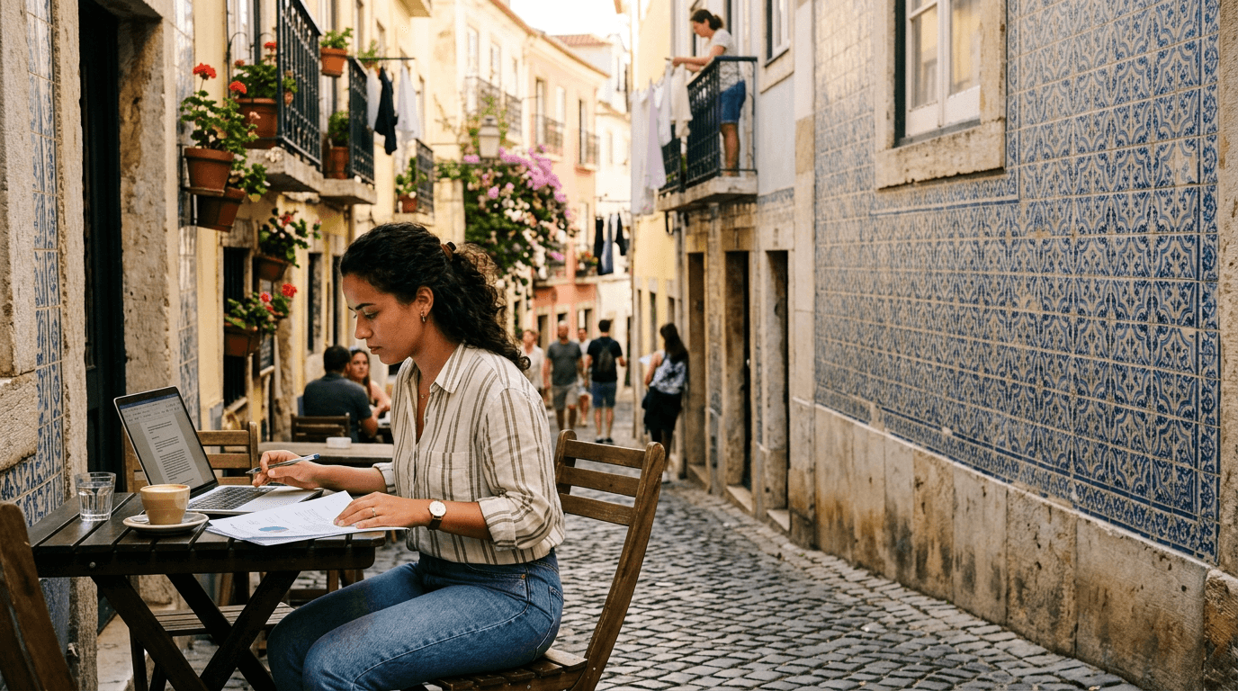 Frau arbeitet am Laptop in einem Straßencafé in Lissabon mit bunter Kachelwand im Hintergrund