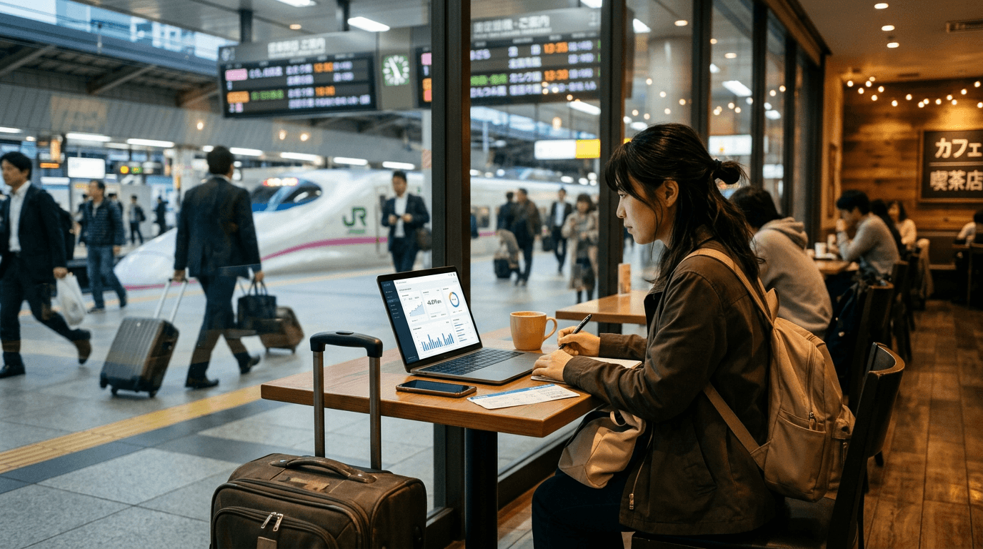 Person arbeitet mit Laptop an einem Café-Tisch in einem japanischen Bahnhof und vergleicht Kreditkarten-Punkte