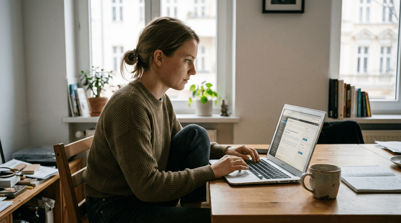 Junge Frau arbeitet konzentriert am Laptop in einem hellen Home Office mit Tageslicht und Notizbüchern