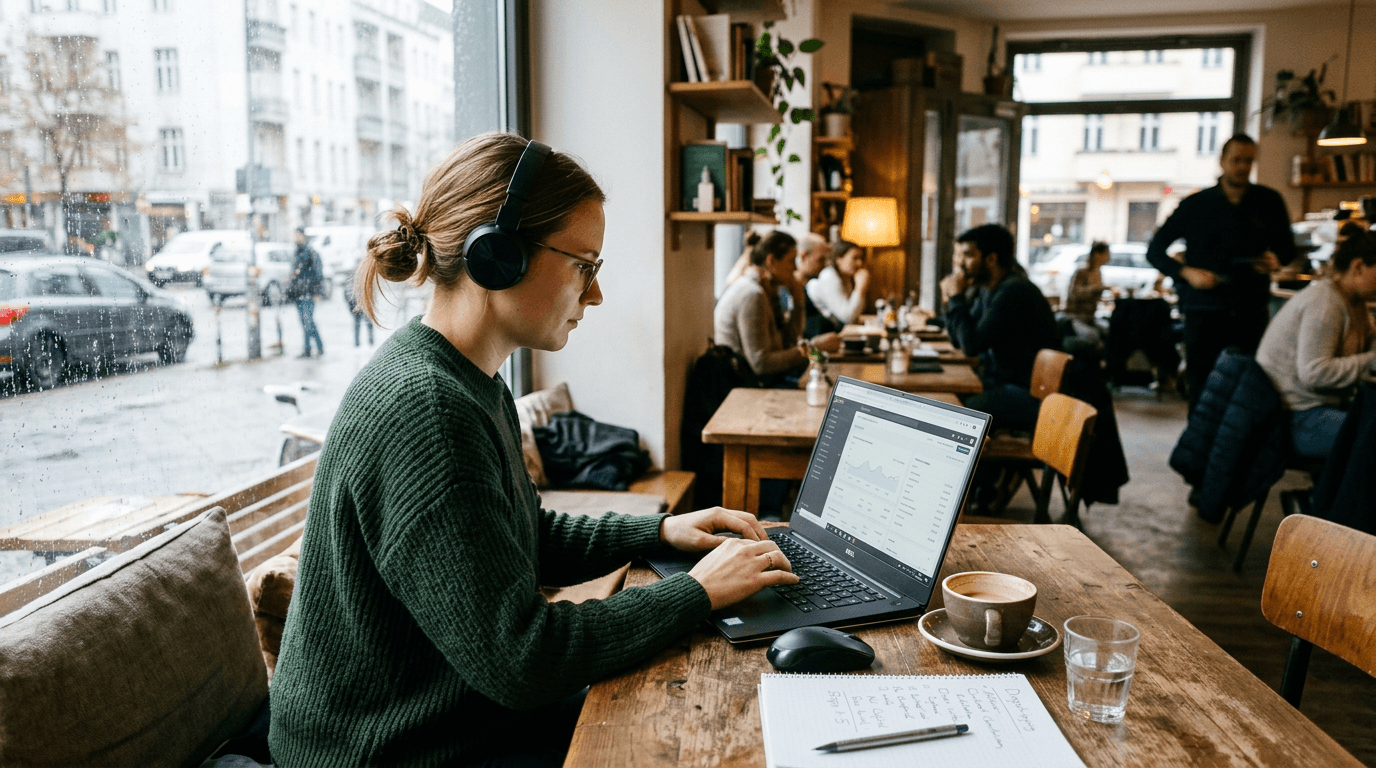 Person durchsucht Freelancing-Plattformen auf einem Laptop in einem modernen Coworking-Space