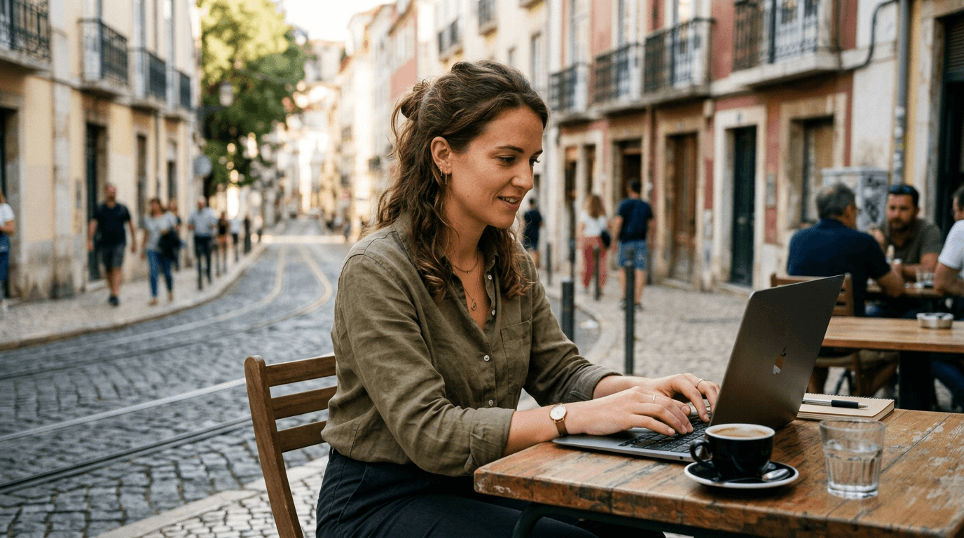 Junger Angestellter arbeitet konzentriert mit Laptop in einem sonnigen Café in Lissabon