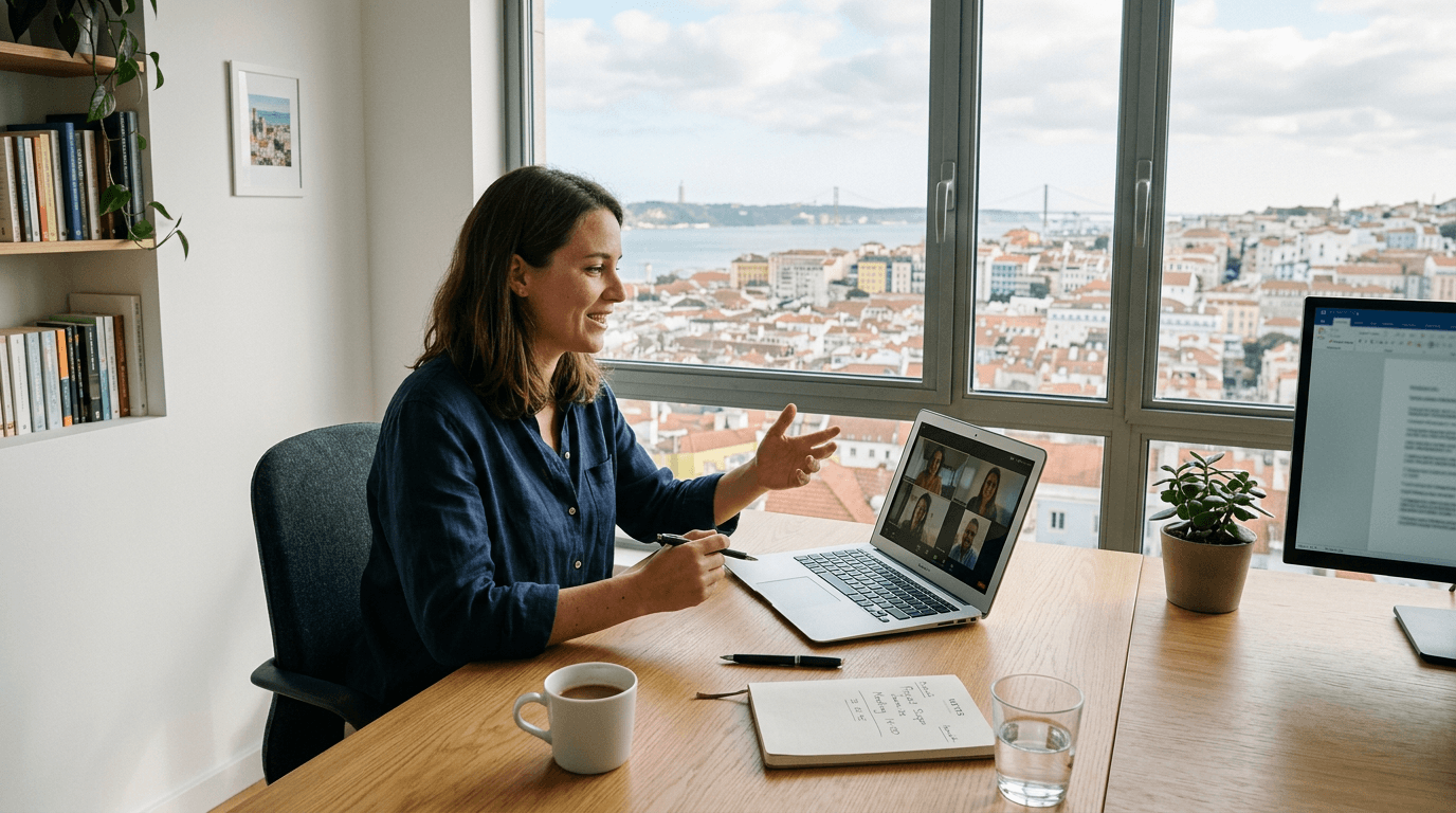 Person in einem Video-Meeting am Laptop in einem hellen Homeoffice mit Blick auf eine europäische Küstenstadt