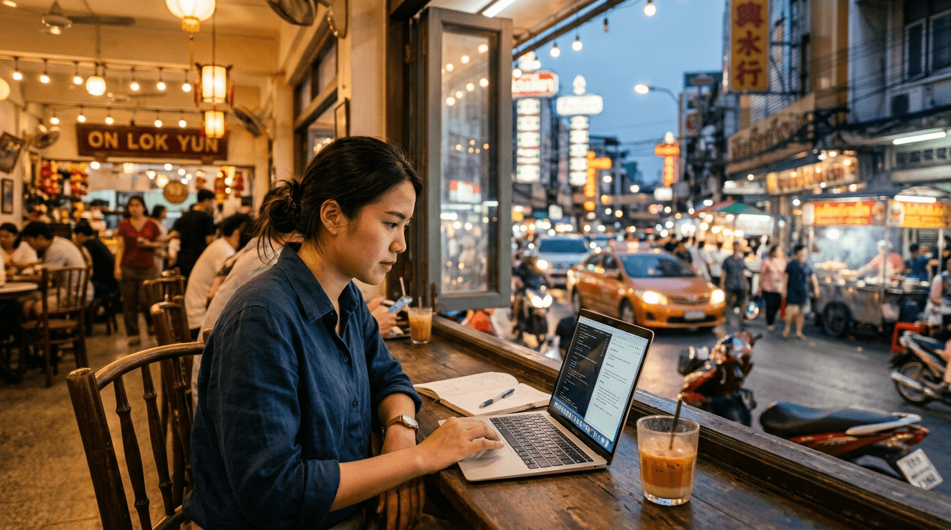 Frau arbeitet konzentriert an einem Laptop in einem beleuchteten Straßencafé in Bangkok bei Abenddämmerung