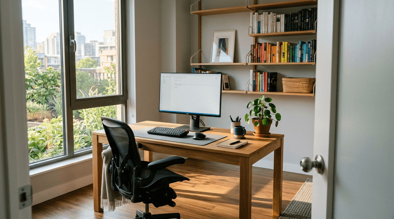 Moderner Home-Office-Arbeitsplatz mit Schreibtisch, Monitor und großem Fenster im Morgenlicht
