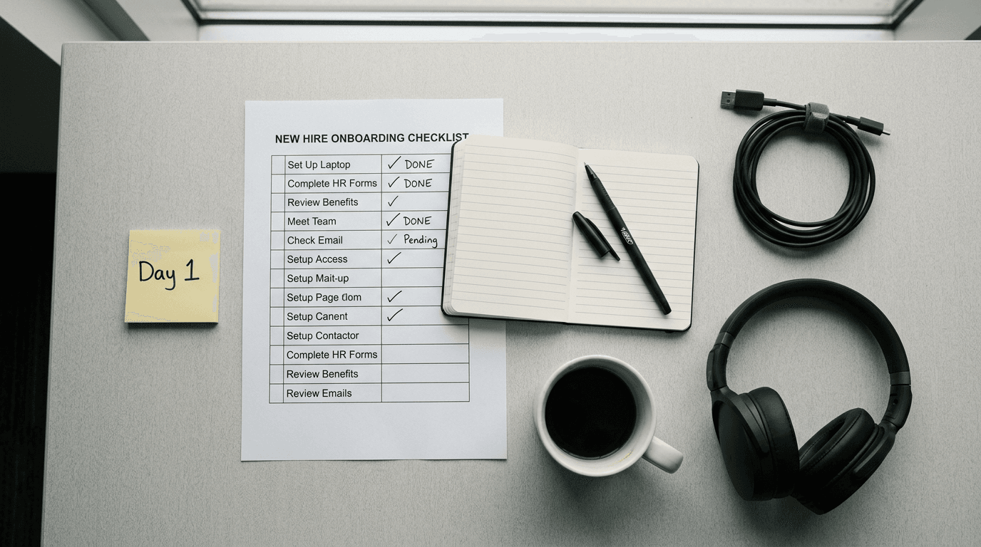 Flat-Lay mit Onboarding-Checkliste, Headset, Notebook und Kaffeebecher auf grauem Schreibtisch