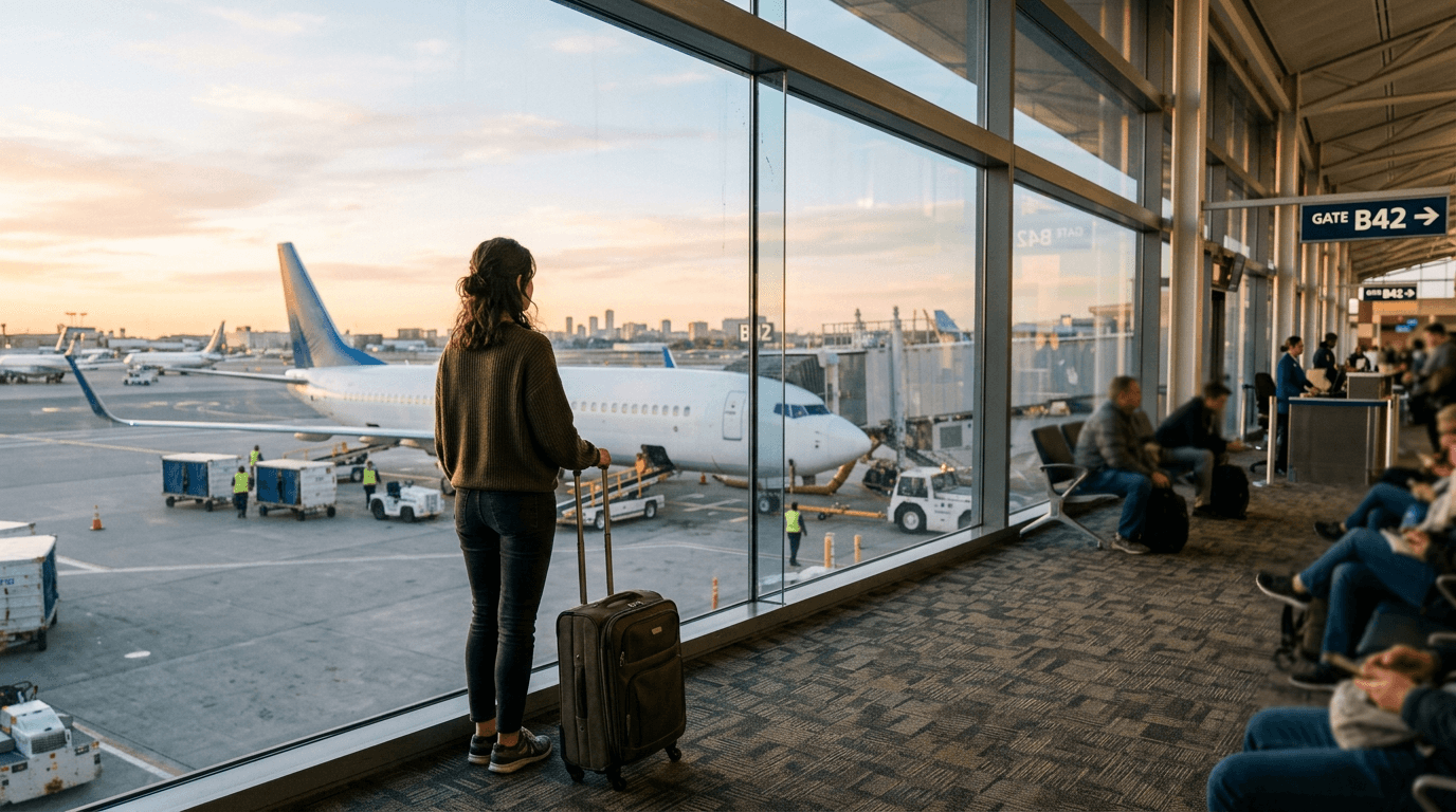 Person mit Koffer am Flughafen-Gate blickt auf ein Flugzeug – symbolisiert den Aufbruch ins Ausland