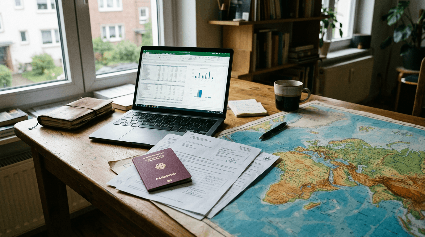 Schreibtisch mit Laptop, deutschem Reisepass und Dokumenten – steuerliche Planung bei Wohnsitzverlagerung ins Ausland